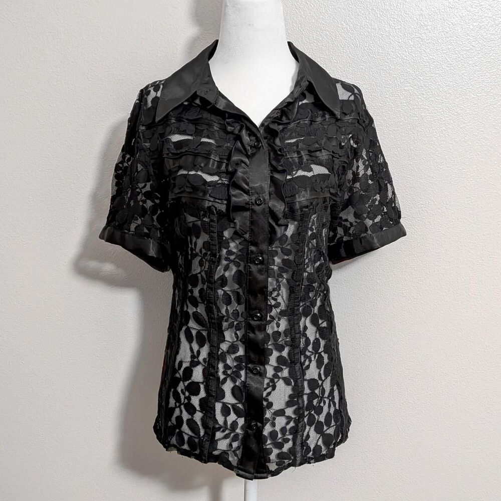 My Collection Black Sheer Floral Ruffle Lace Button-Up Blouse | Size XL